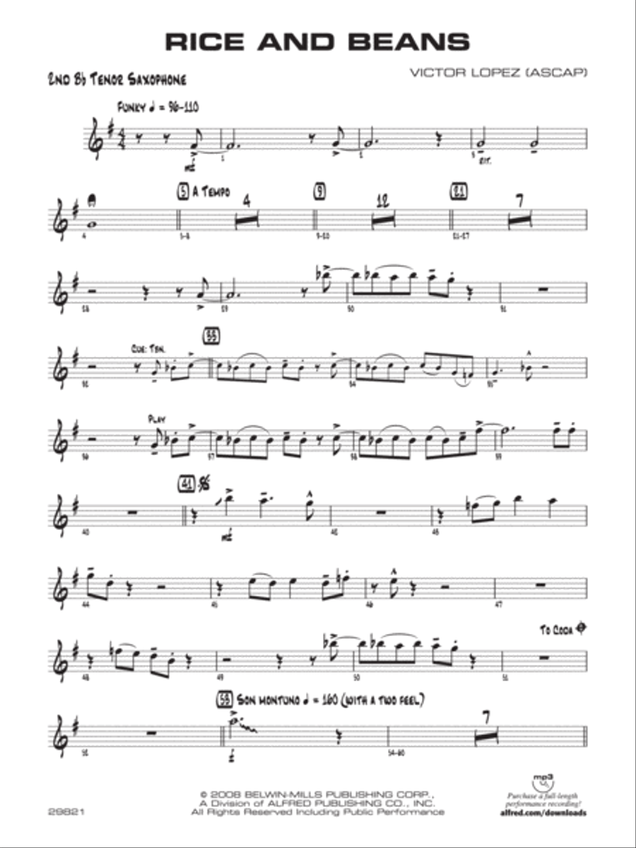 Rice and Beans: 2nd B-flat Tenor Saxophone Jazz Ensemble scores gallery preview page 1