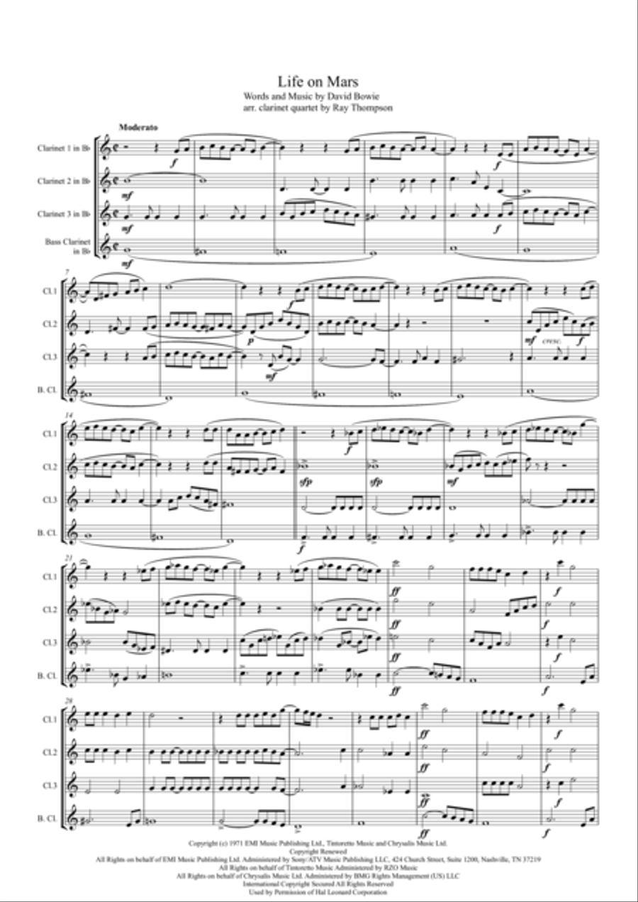 Life On Mars Clarinet Quartet scores gallery preview page 1