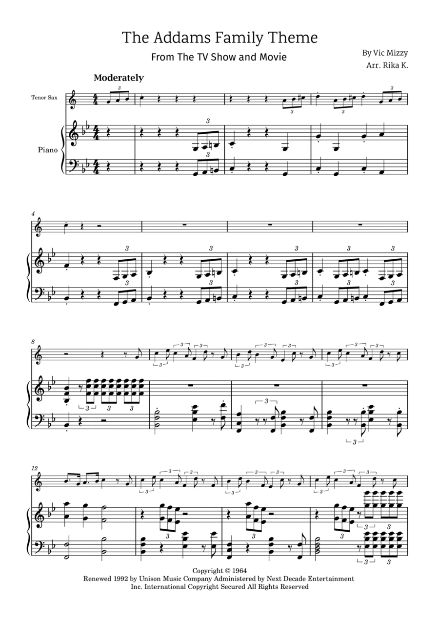 Addams Family Theme Tenor Saxophone scores gallery preview page 1
