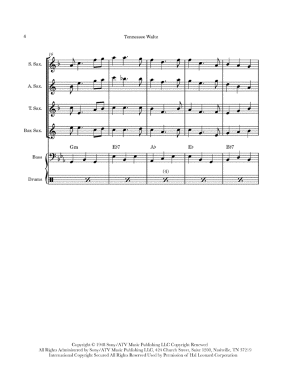 Tennessee Waltz Saxophone Quartet scores gallery preview page 4