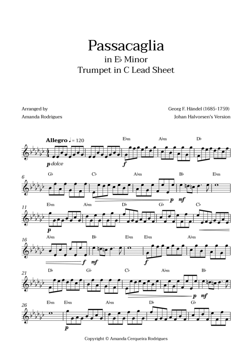 Passacaglia - Easy Trumpet in C Lead Sheet in Ebm Minor (Johan Halvorsen's Version) image number null