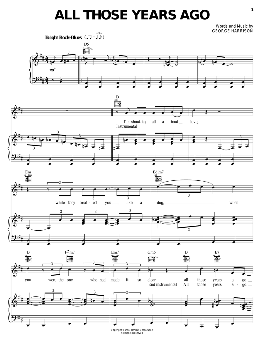 All Those Years Ago Piano, Vocal, Guitar scores gallery preview page 1