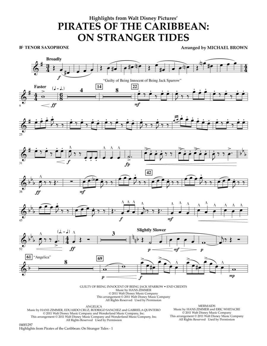 Highlights from Pirates Of The Caribbean: On Stranger Tides - Bb Tenor Saxophone Concert Band scores gallery preview page 1