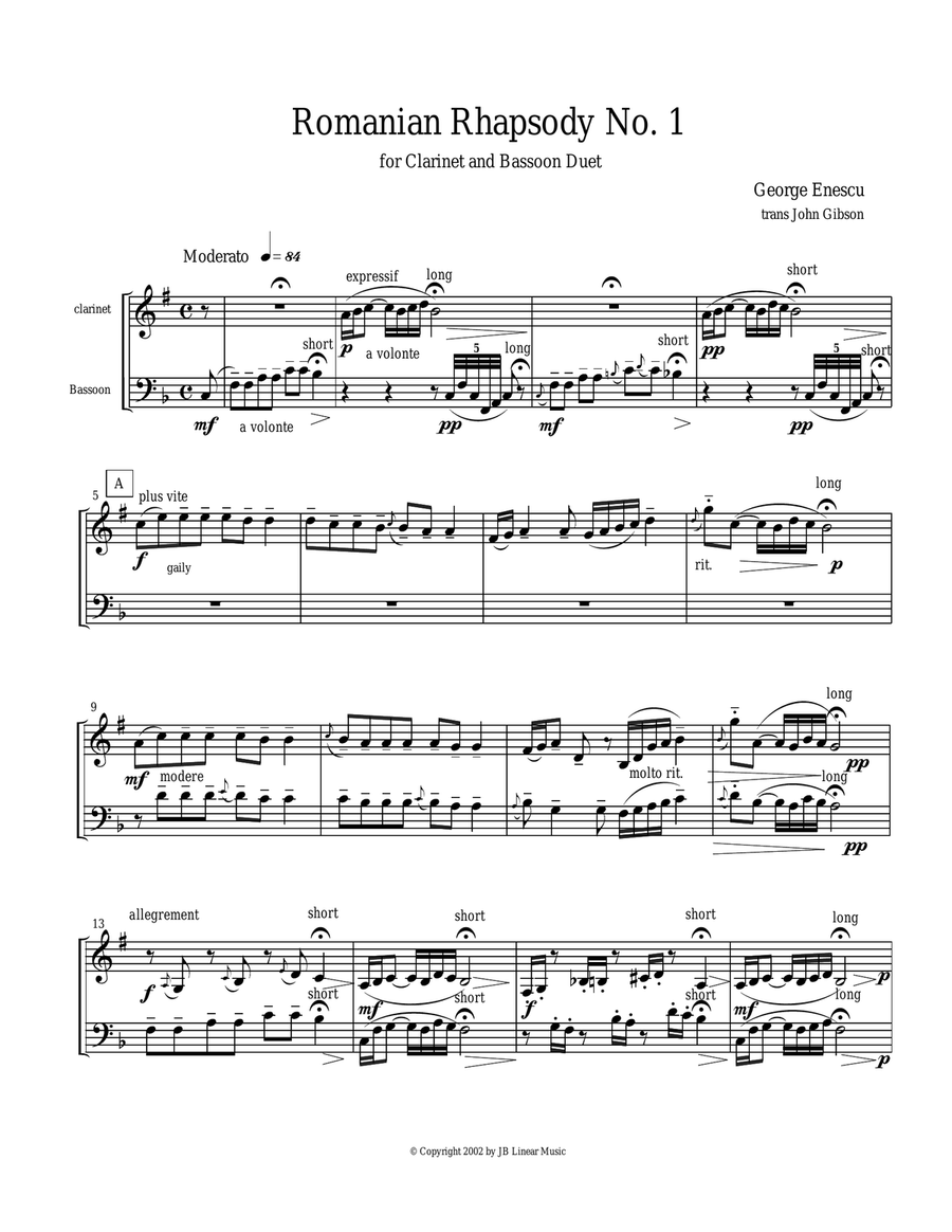 Eastern European Rhapsody - duets for clarinet and bassoon Woodwind Duet scores gallery preview page 1