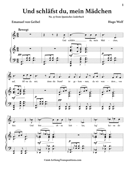 WOLF: Und schläfst du, mein Mädchen (transposed to C major)