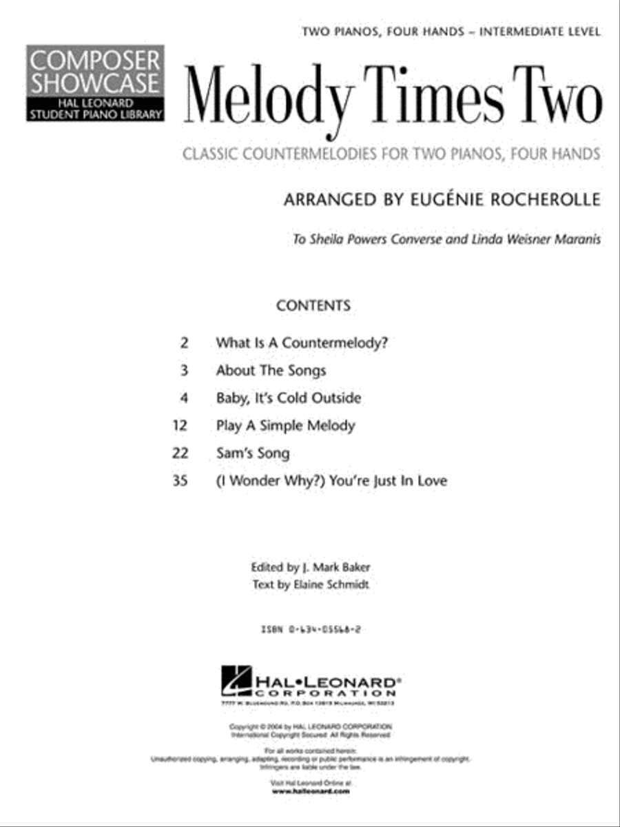 Melody Times Two Classic Counter-Melodies for Two Pianos, Four Hands