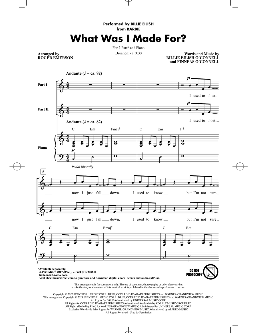 What Was I Made For? (arr. Roger Emerson) 2-Part scores gallery preview page 1
