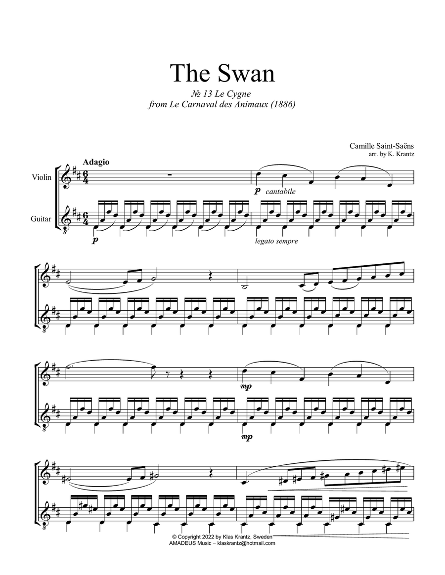 The Swan / Le cygne (D Major) for violin and guitar String Duet scores gallery preview page 2