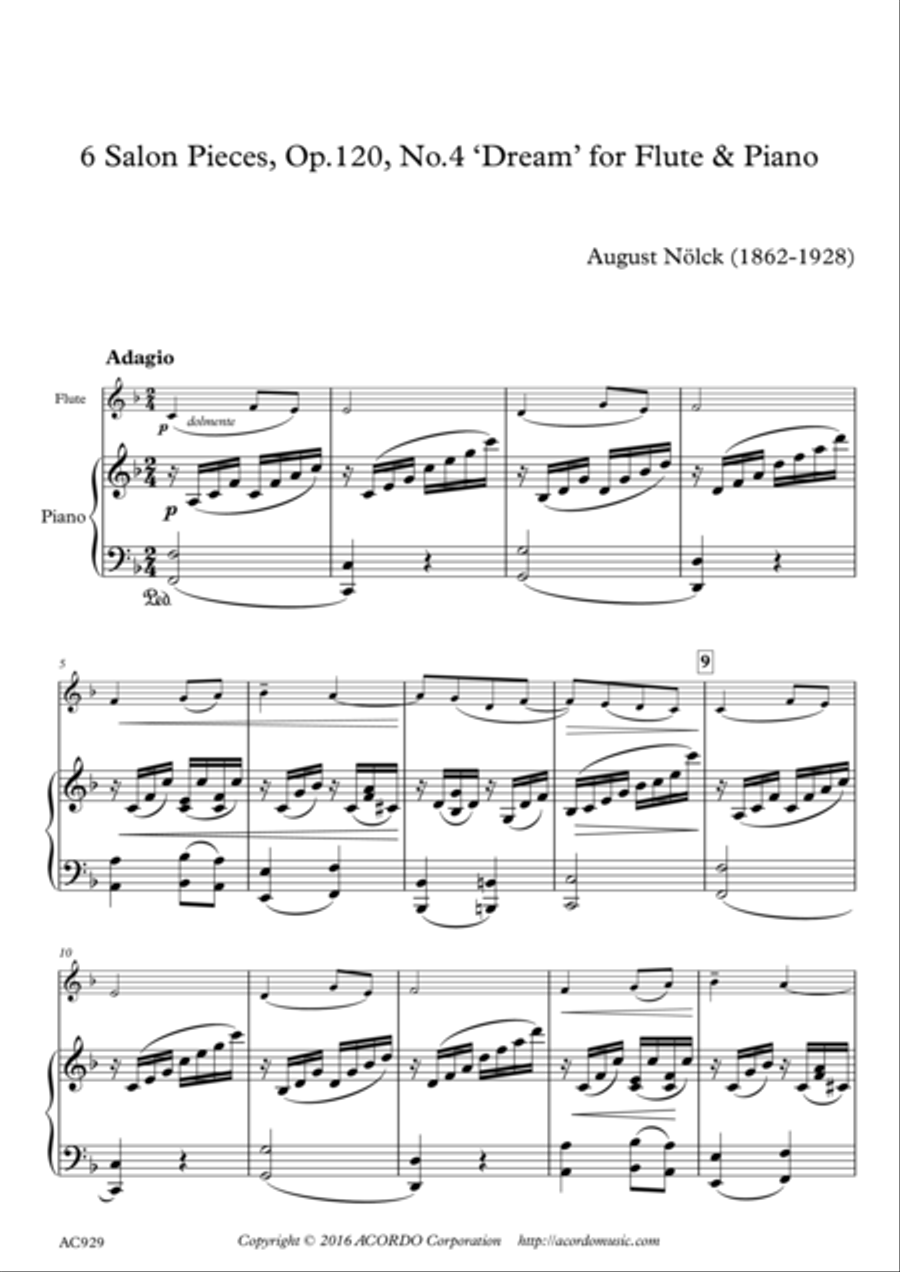 6 Salon Pieces, Op.120, No.4 ‘Dream’ for Flute & Piano Flute Solo scores gallery preview page 1