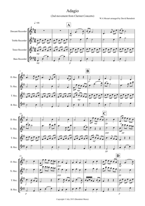 Book cover for Adagio from Mozart's Clarinet Concerto for Recorder Quartet