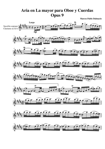 Aria en La mayor para Oboe y Cuerdas Opus 9 (Spanish Edition) - PARTES