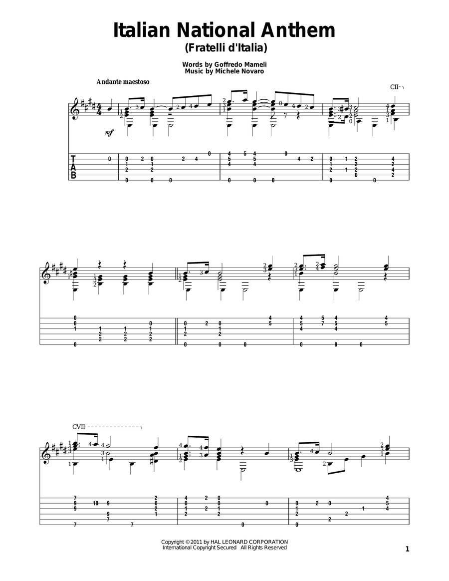 Italian National Anthem (Fratelli d'Italia) Acoustic Guitar scores gallery preview page 1