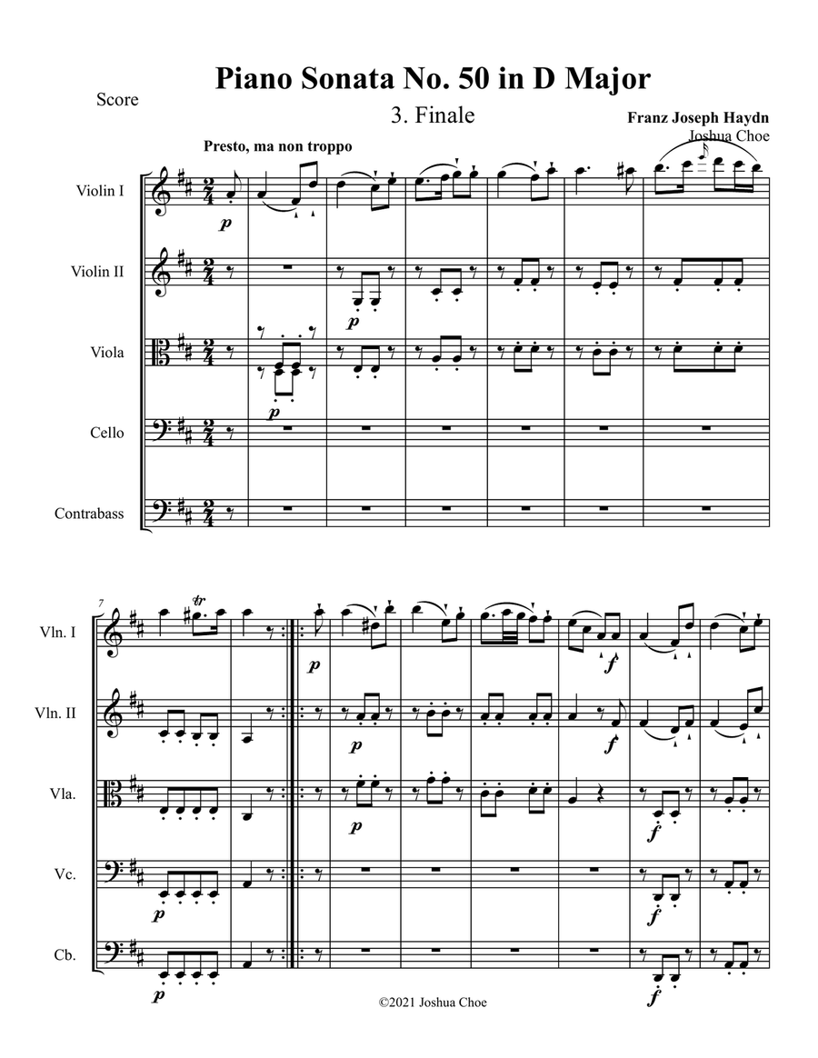 Piano Sonata in D major, Hob.XVI:37, Movement 3 String Orchestra scores gallery preview page 1