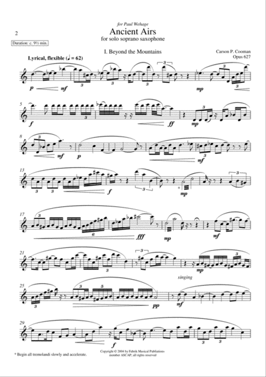 Carson Cooman: Ancient Airs (2004) for solo soprano saxophone Soprano Saxophone scores gallery preview page 2