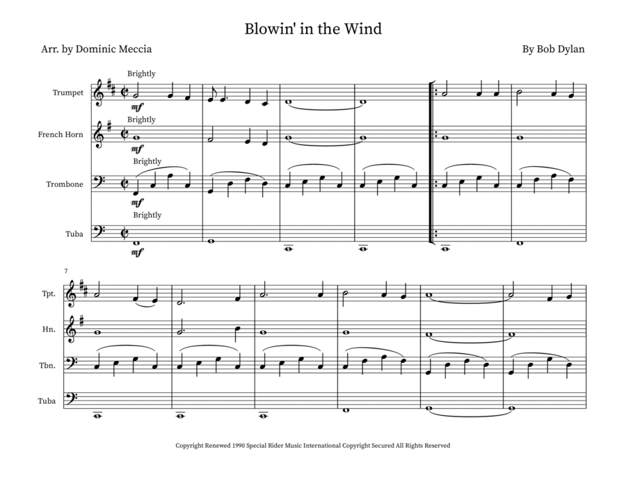 Blowin' In The Wind Brass Ensemble scores gallery preview page 1
