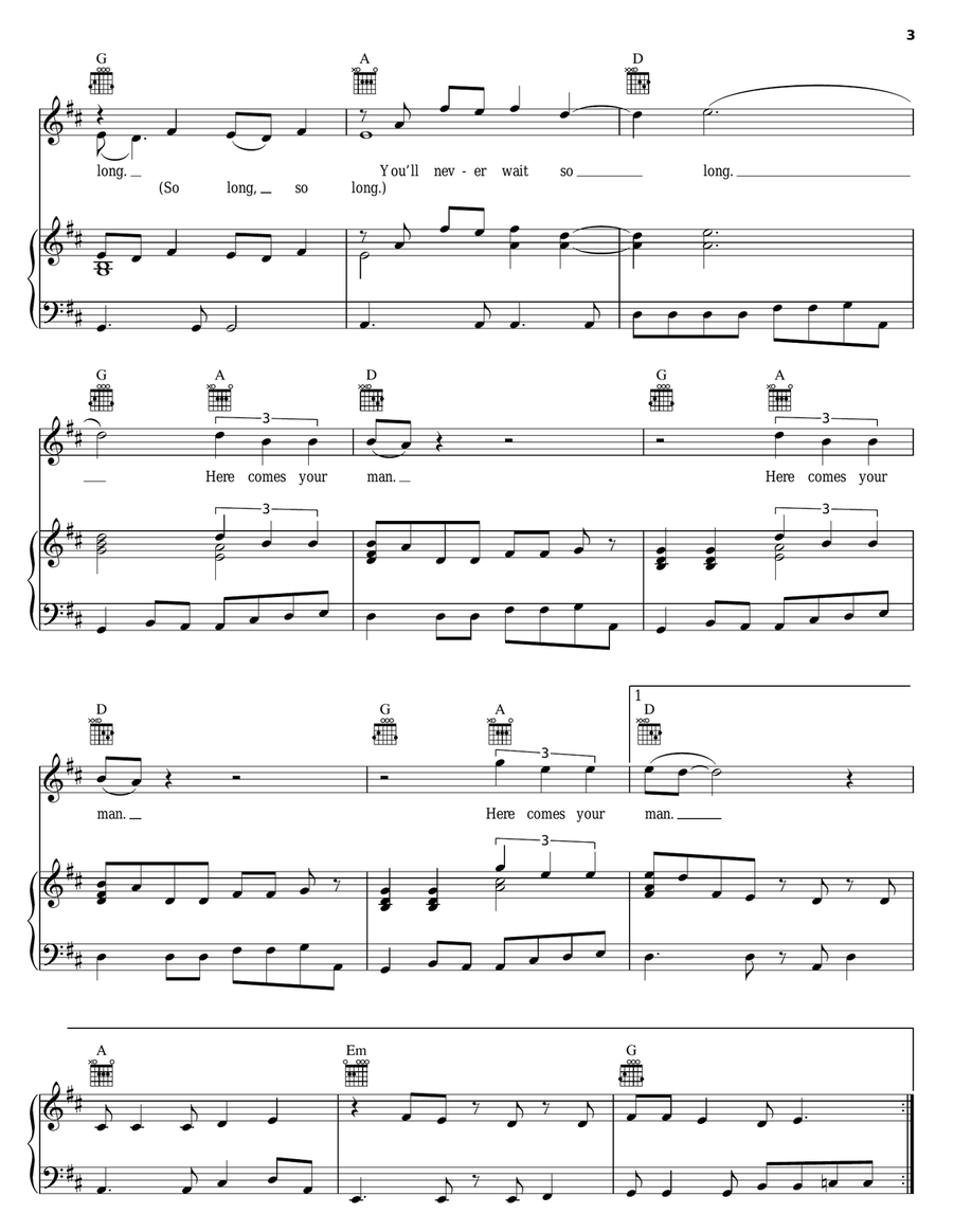 Here Comes Your Man Piano, Vocal, Guitar scores gallery preview page 3