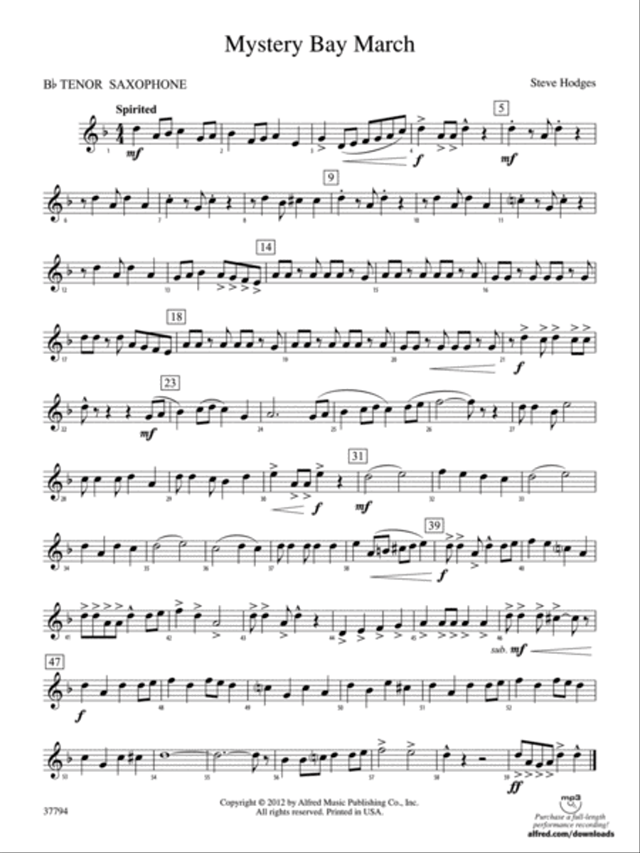 Mystery Bay March: B-flat Tenor Saxophone Concert Band scores gallery preview page 1