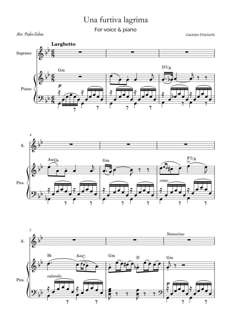 Una Furtiva Lagrima (Soprano in Gm) Piano, Vocal, Guitar scores gallery preview page 1