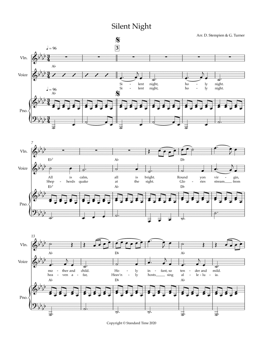 Silent Night for Vocal Solo with Violin and Piano Accompaniment (Christmas) Voice Solo scores gallery preview page 1