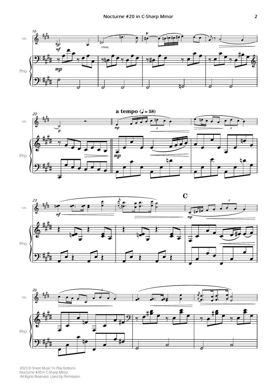 Nocturne No.20 in C-Sharp minor - Violin and Piano (Full Score and Parts) Violin Solo scores gallery preview page 4