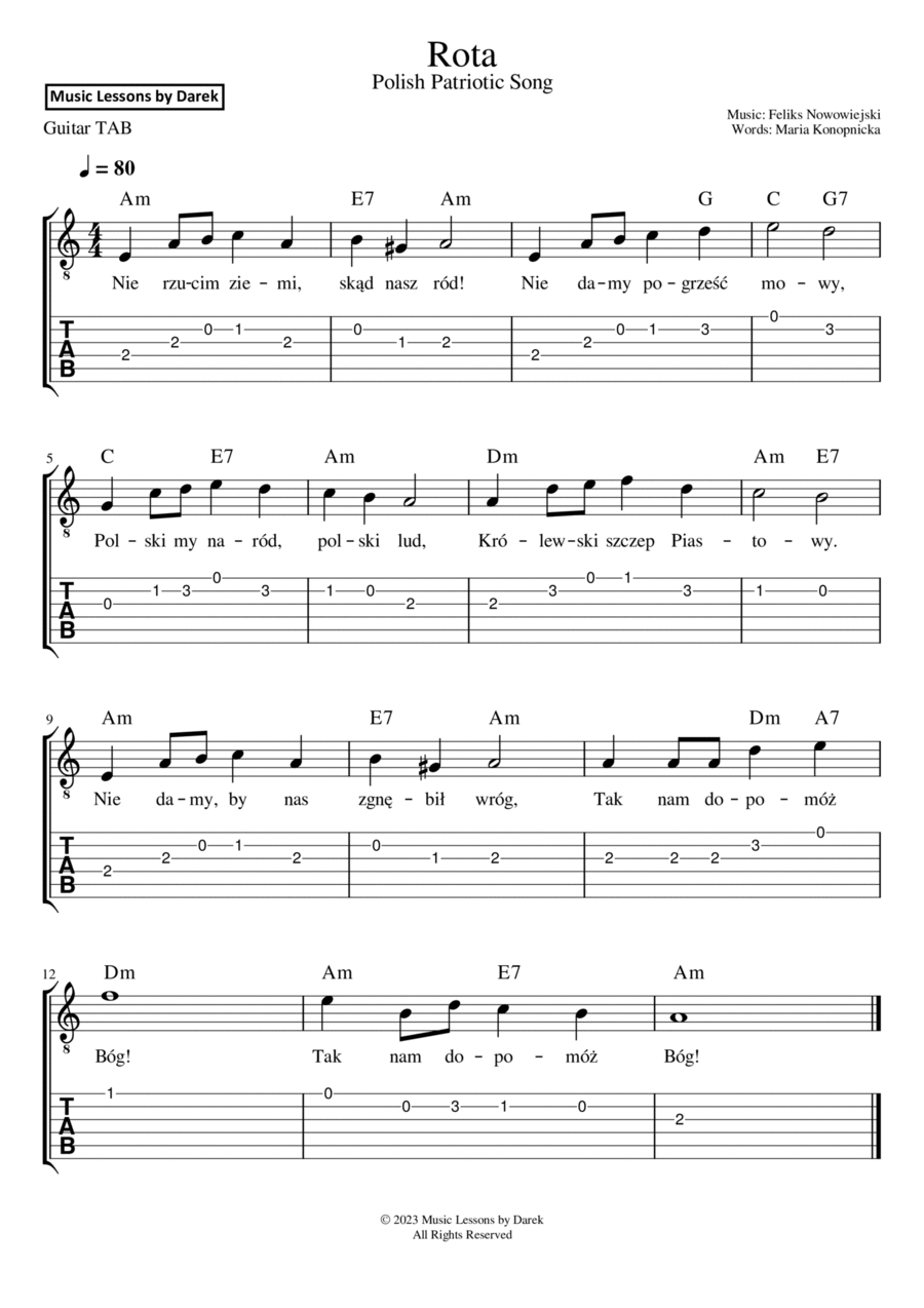 Rota (The Oath), Polish Patriotic Song [GUITAR TAB] Guitar Tablature scores gallery preview page 1