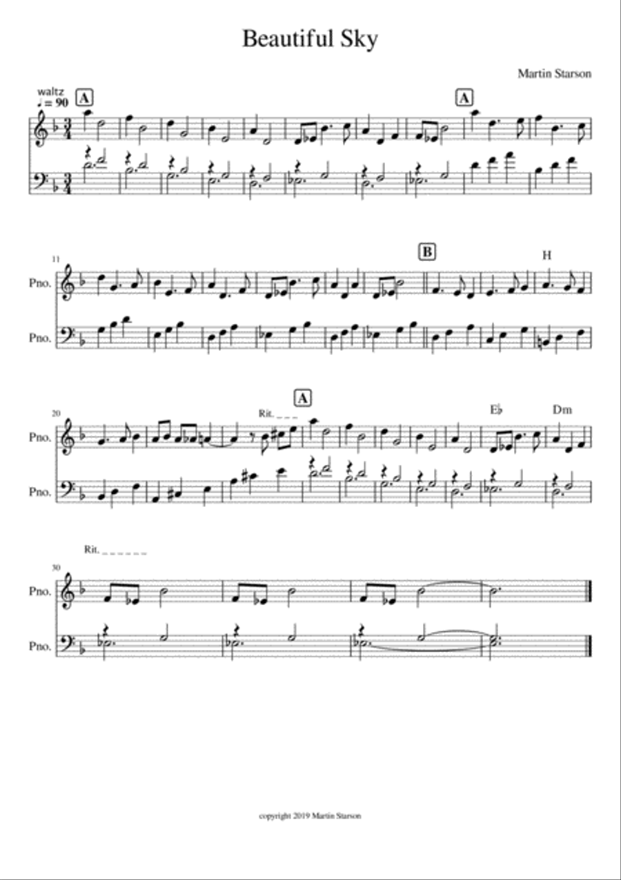 Beautiful Sky (Waltz in Dm) - Easy piano Voice scores gallery preview page 1