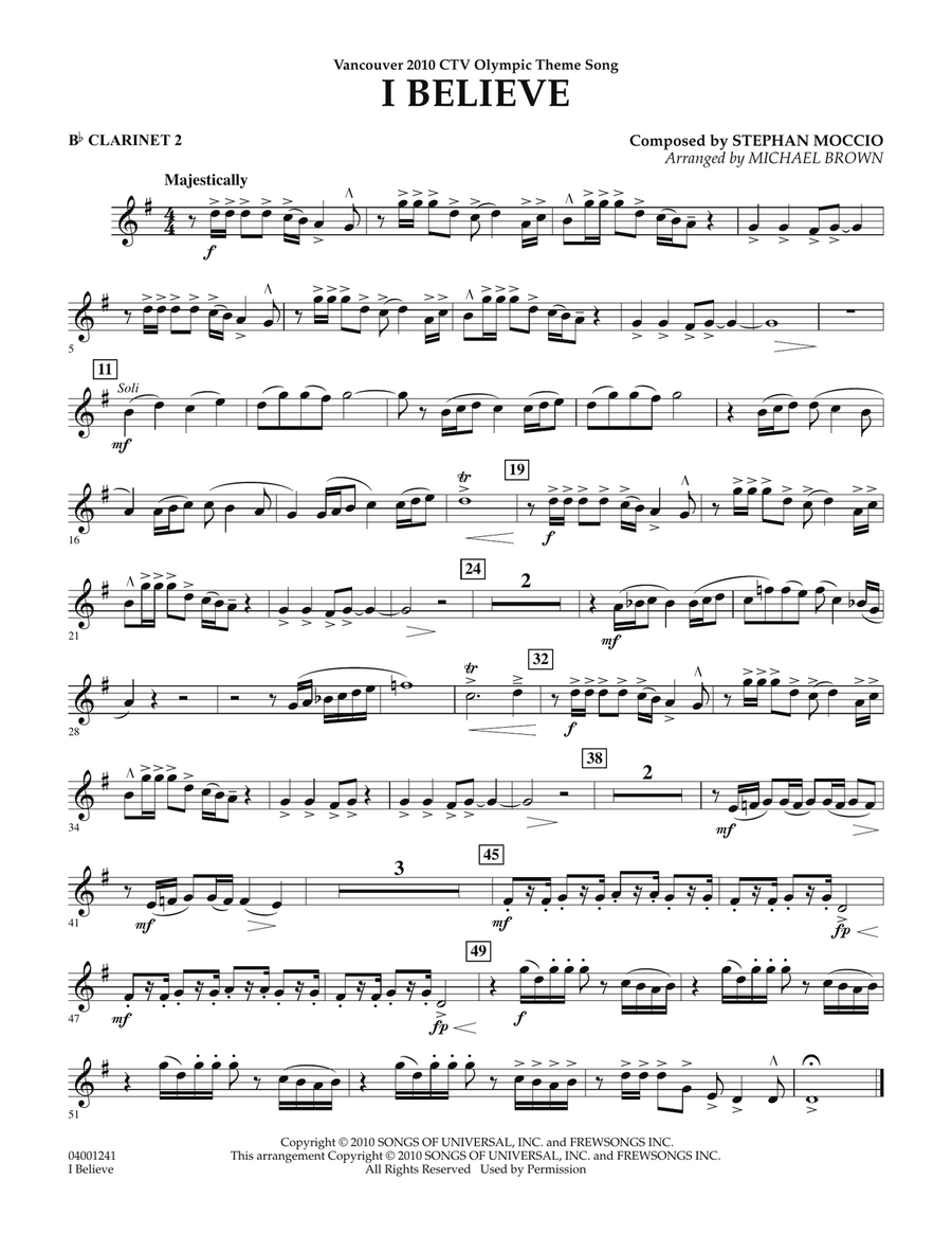 I Believe (Vancouver 2010 CTV Olympic Theme Song) - Bb Clarinet 2 Concert Band scores gallery preview page 1
