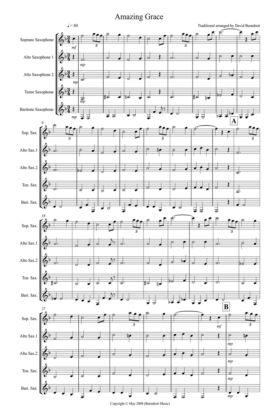 Amazing Grace for Saxophone Quintet Saxophone Quintet scores gallery preview page 1