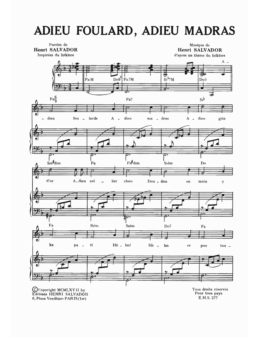 Adieu Foulard Adieu Madras Piano, Vocal, Guitar scores gallery preview page 1