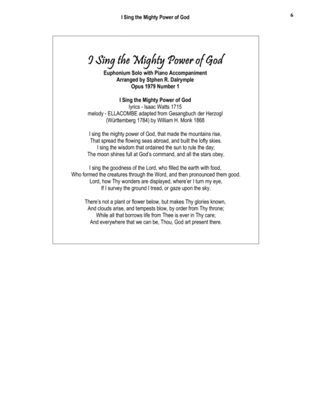 I Sing the Mighty Power of God - Euphonium and Piano arrangement by Stephen R Dalrymple image number null
