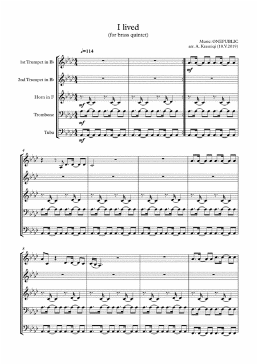 I Lived I Lived Brass Ensemble scores gallery preview page 1