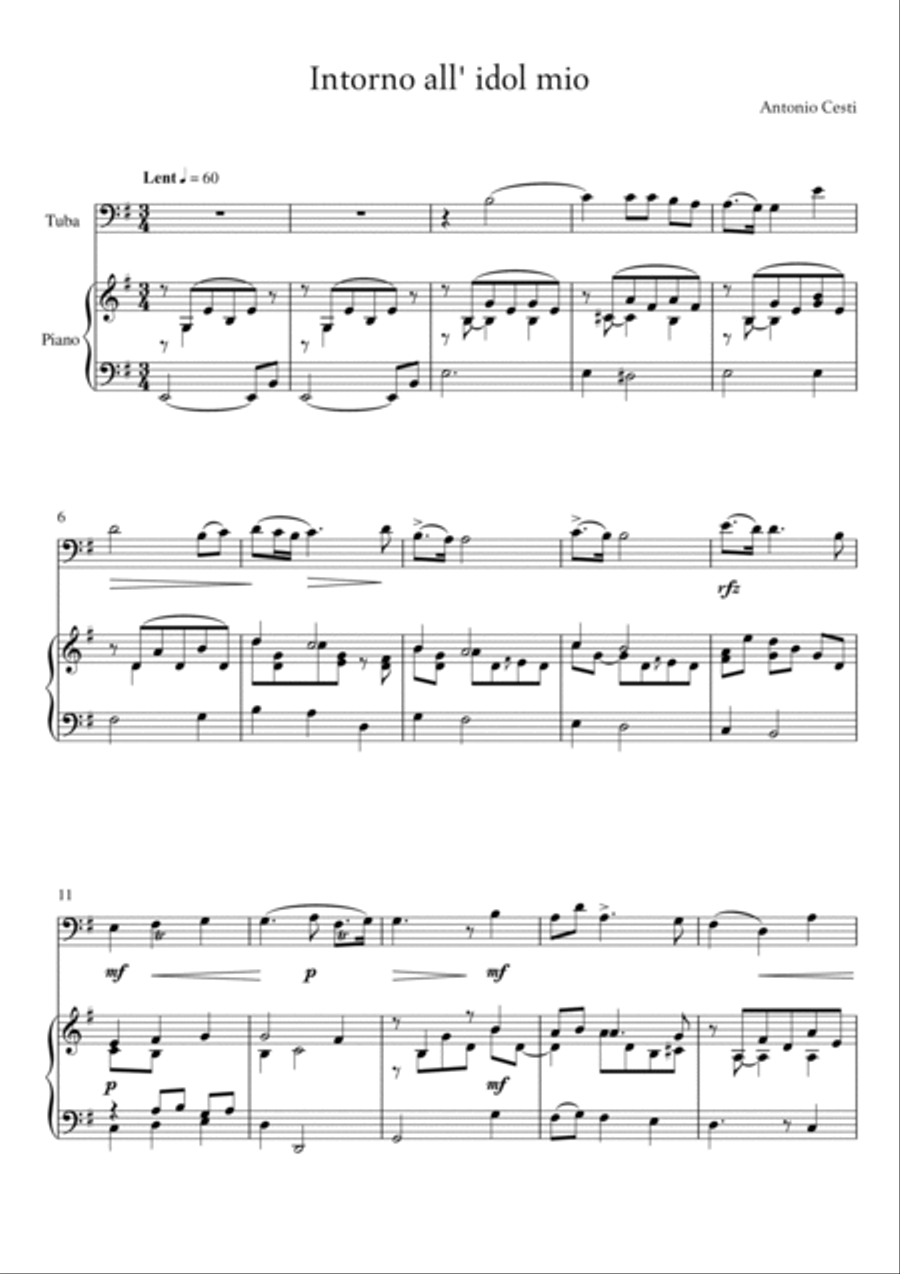 Antonio Cesti - Intorno all idol mio (Piano and Tuba) Small Ensemble scores gallery preview page 2