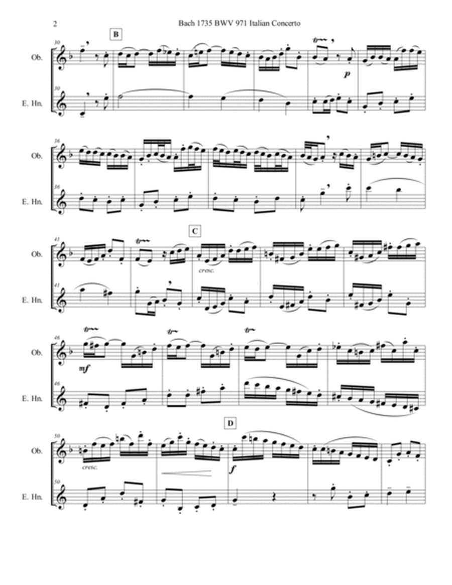 Bach 1735 BWV 971 Italian Concerto Oboe and English Horn Duet Parts and Score
