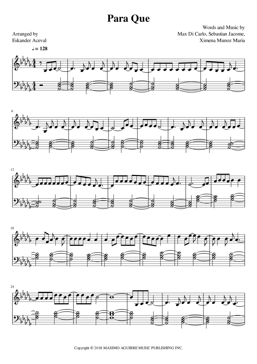 Para Que Piano Solo scores gallery preview page 1