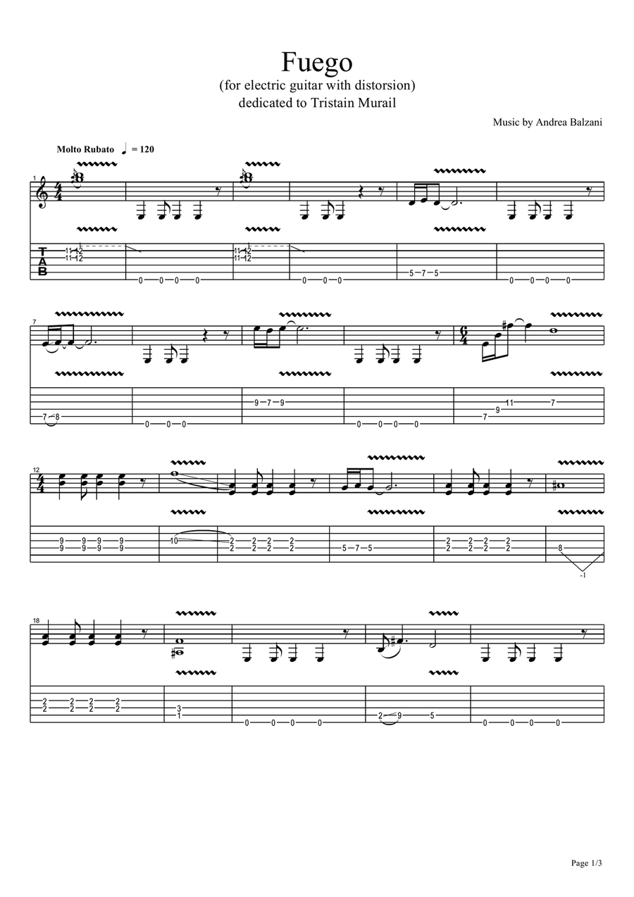 Fuego (for electric guitar w\distortion) [GUITAR SCORE & TAB] (foglio album) Electric Guitar scores gallery preview page 1