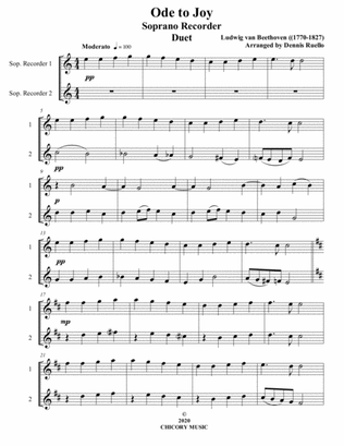 Ode to Joy - Soprano Recorder Duet - Intermediate