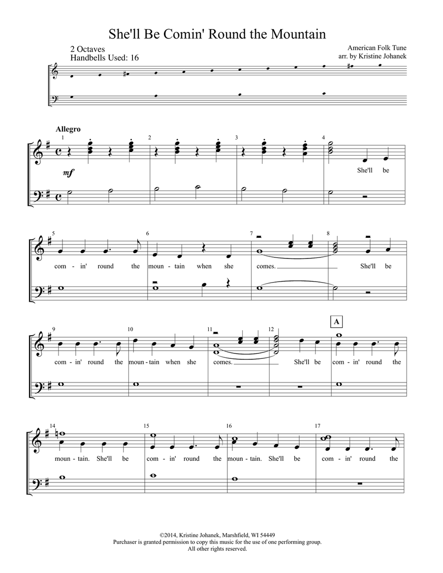 She'll Be Comin' Round the Mountain (2 octave handbells, tone chimes or hand chimes) 2-Octaves scores gallery preview page 2