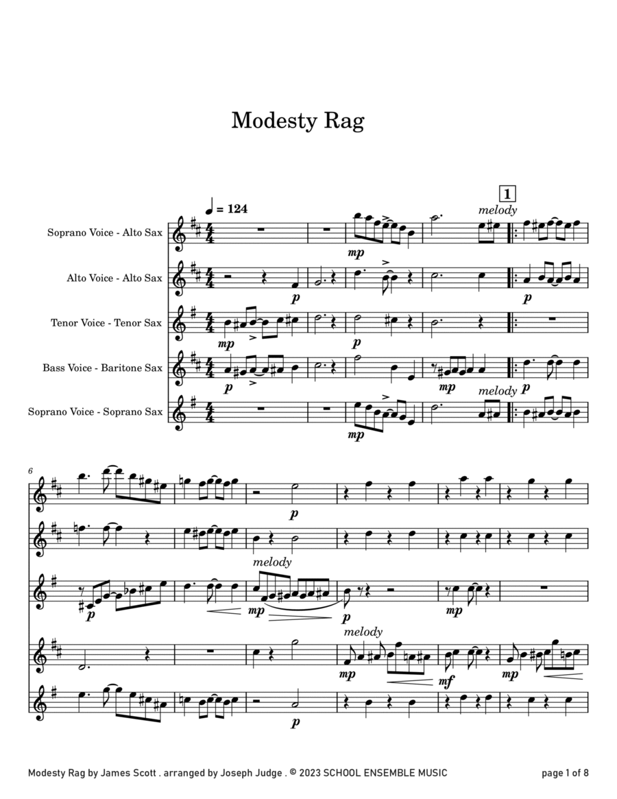Modesty Rag by James Scott for Saxophone Quartet in Schools Saxophone Quartet scores gallery preview page 1
