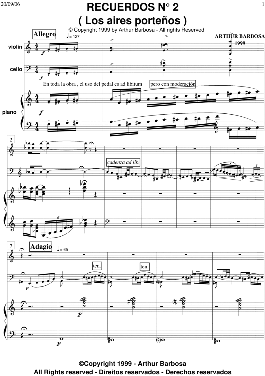 Recuerdos 2 (Los Aires Porteños) Piano Trio scores gallery preview page 1