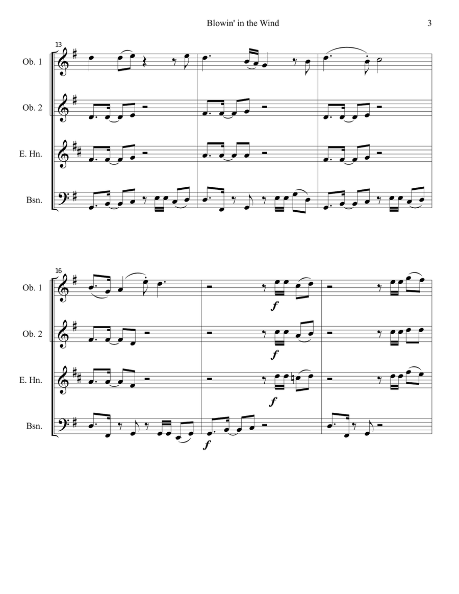 Blowin' In The Wind Woodwind Quartet scores gallery preview page 4