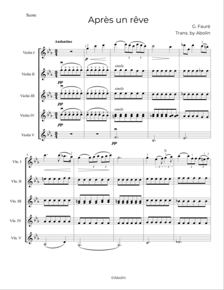 Fauré: Après un rêve - 5 Violins Chamber Music scores gallery preview page 2