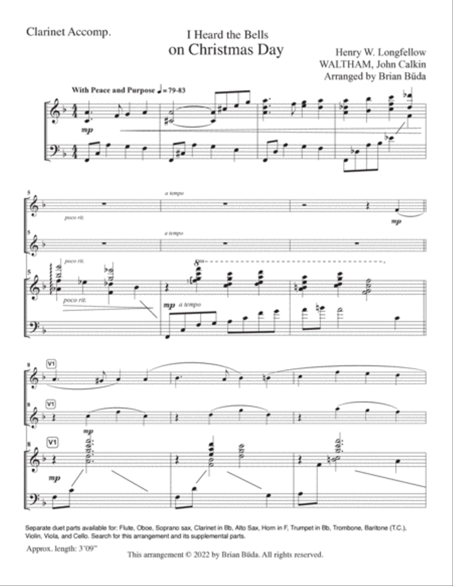 I Heard the Bells on Christmas Day - Clarinet solo (opt. duet) Clarinet Duet scores gallery preview page 3