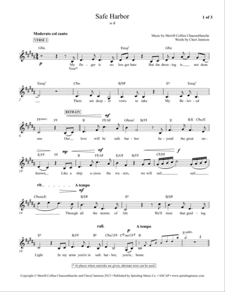 Safe Harbor in B, piano vocal lead sheet