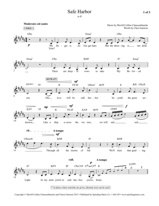 Safe Harbor in B, piano vocal lead sheet