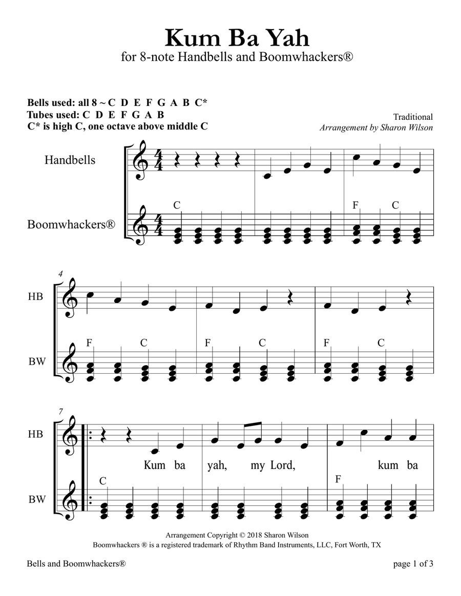 Kum Ba Yah (for 8-note Bells and Boomwhackers with Black and White Notes) Handbell Choir scores gallery preview page 4