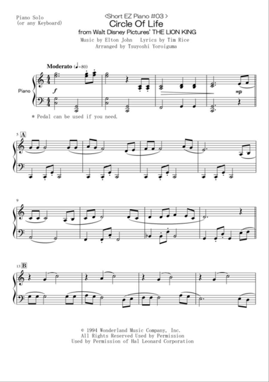 Circle Of Life Easy Piano scores gallery preview page 1