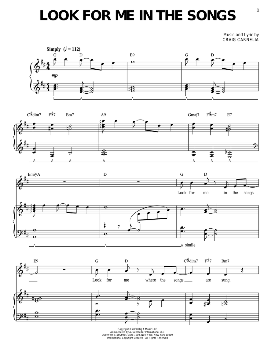 Look For Me In The Songs Piano, Vocal scores gallery preview page 1