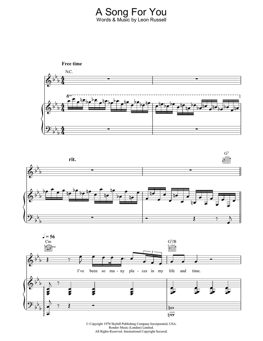 A Song For You Piano, Vocal, Guitar scores gallery preview page 1