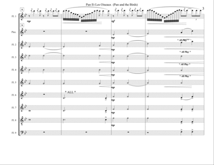 Pan Et Les Oiseaux ( Pan and the Birds ) for Flute solo with flute choir / ensemble by Jules Mouqu Flute Choir scores gallery preview page 4