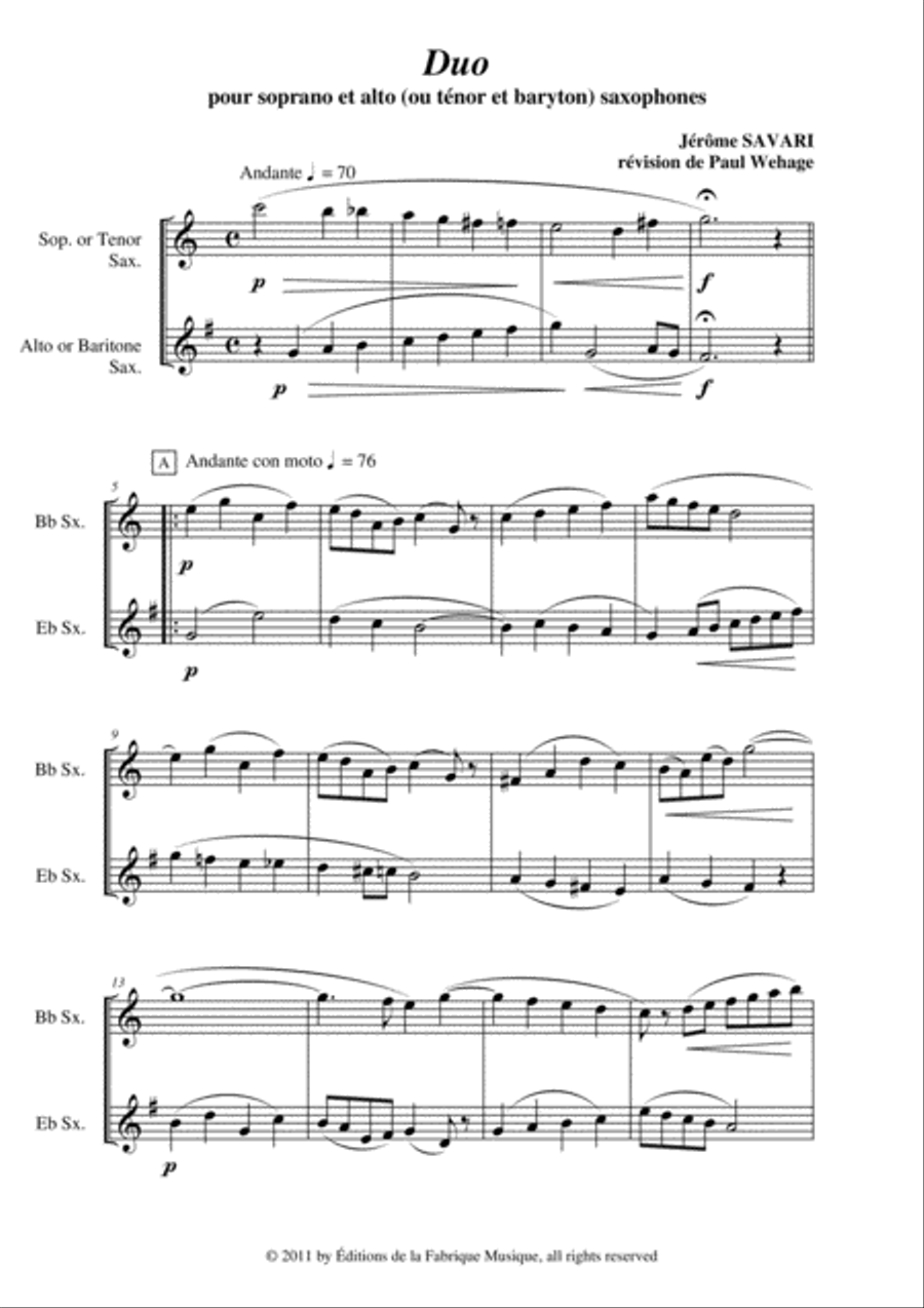 Jérôme SAVARI Duo for soprano saxophone and alto saxophone (or tenor saxophone and baritone saxophon Woodwind Duet scores gallery preview page 2